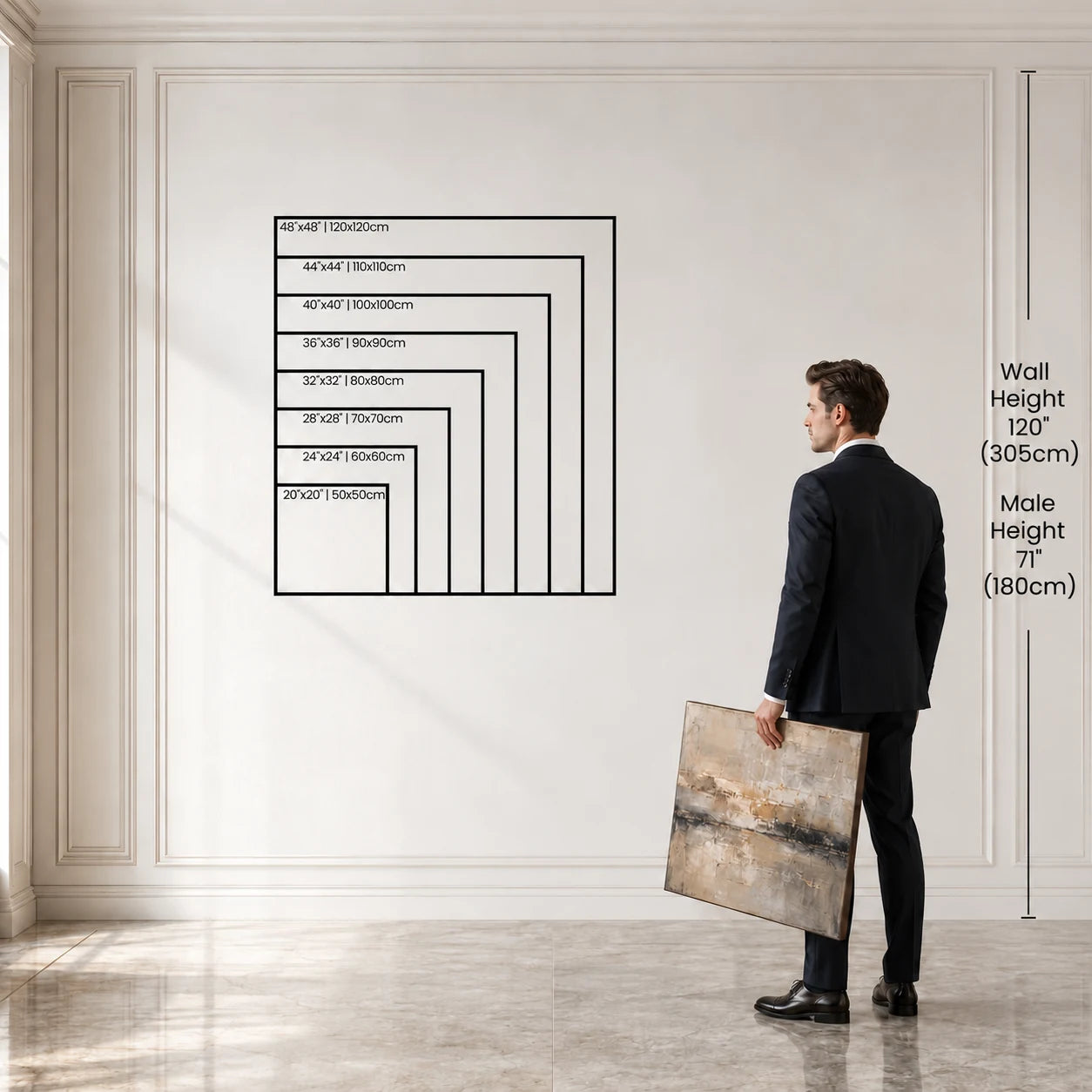 Square artwork sizes compared beside a person
