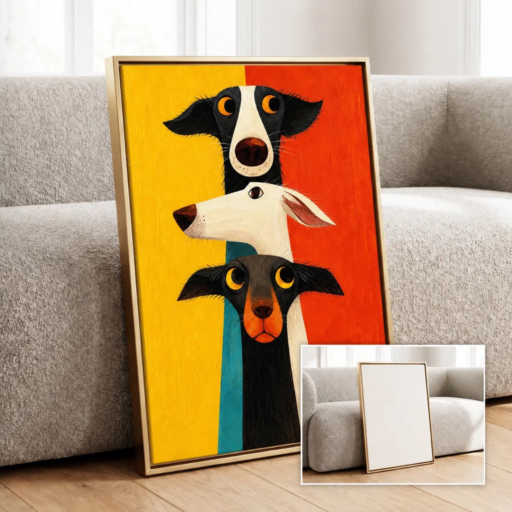 Colorful painting of three playful dogs in a slim frame beside a cream sofa.