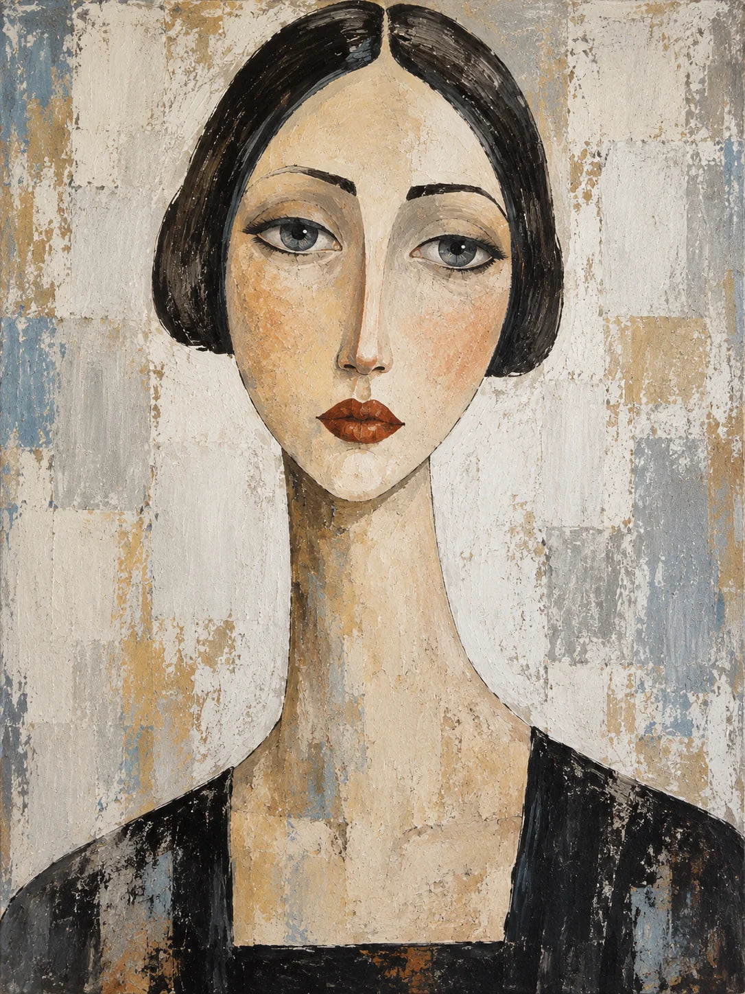 Quiet Gaze: a woman with dark hair, blue-gray eyes, and rust-colored lips against a pale textured background.