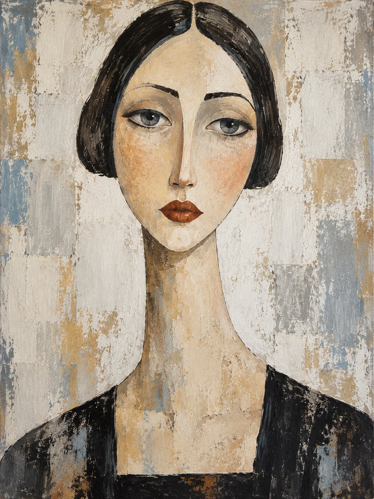 Quiet Gaze: a woman with dark hair, blue-gray eyes, and rust-colored lips against a pale textured background.