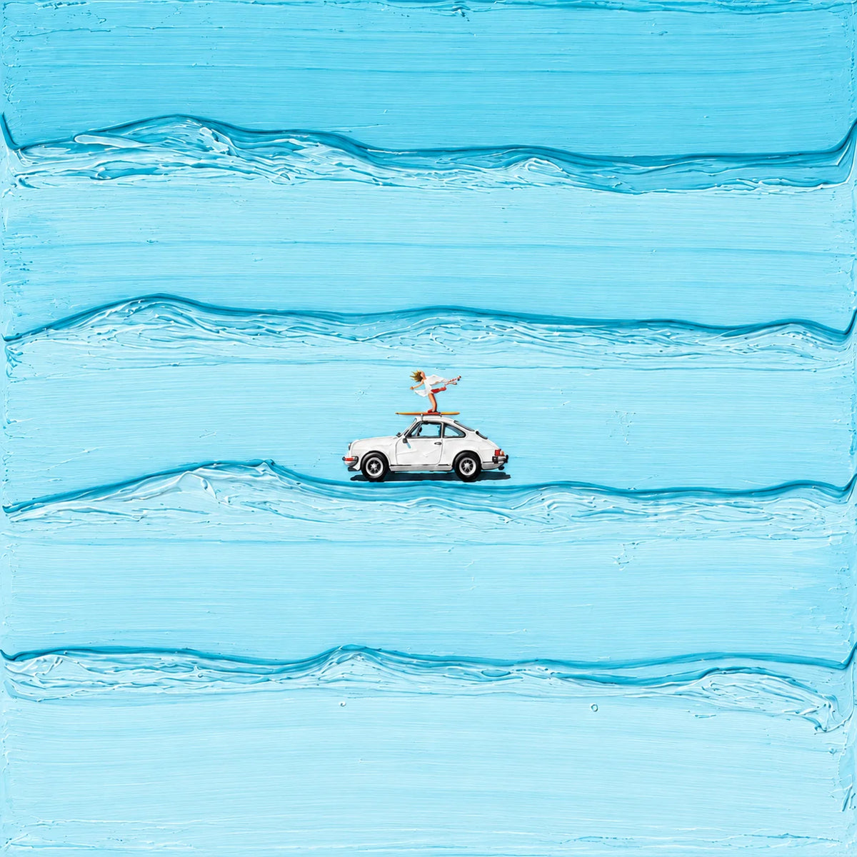 Blue Surf Escape artwork with broad turquoise ridges surrounding a small white car, an orange board, and a balancing figure.
