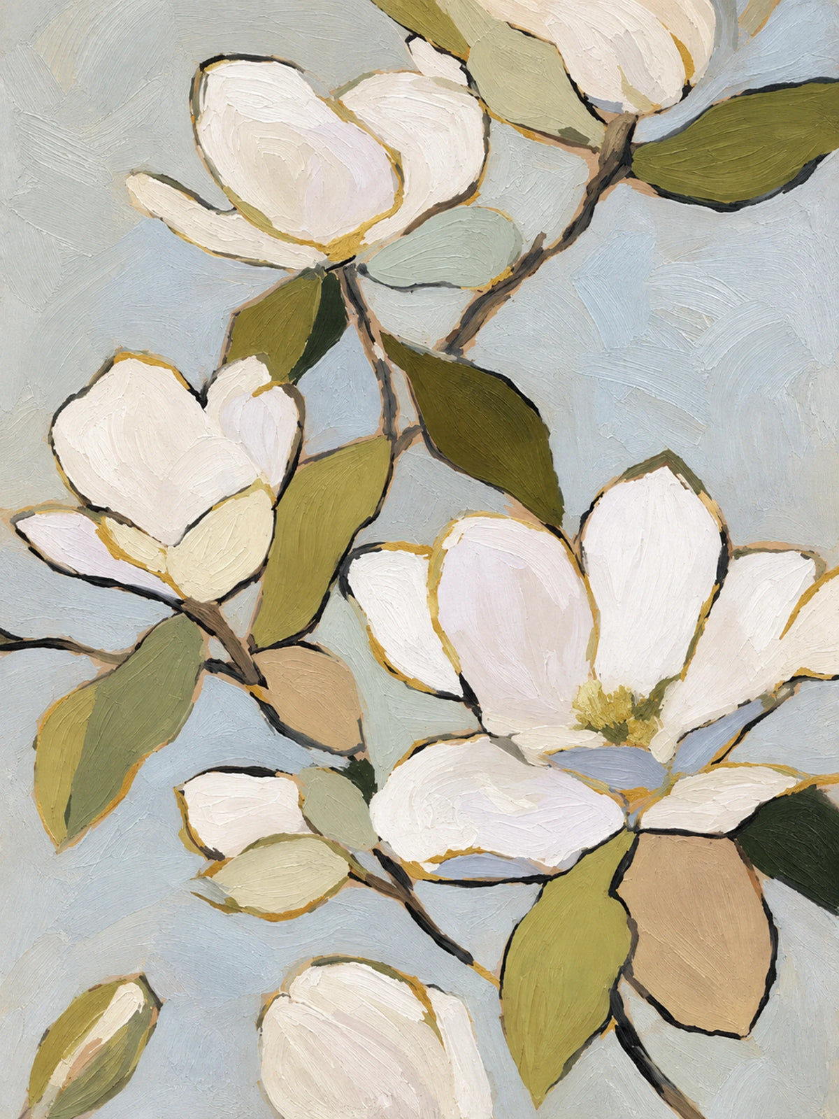 White magnolia blossoms and olive leaves on dark branches against a pale blue-gray background.