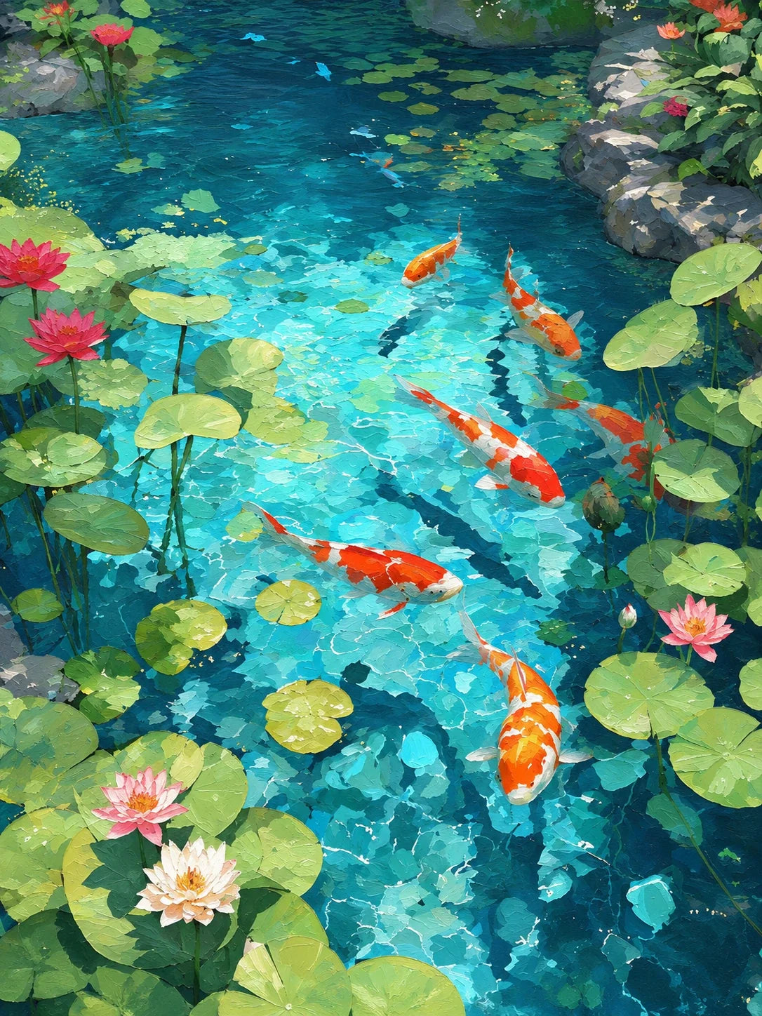 Koi Garden: orange-and-white fish in turquoise water among green leaves and pink flowers.