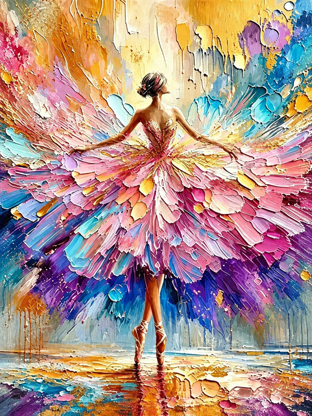 Petal Dancer artwork showing a dancer from behind with outstretched arms amid sweeping pink, violet, turquoise, and yellow color.