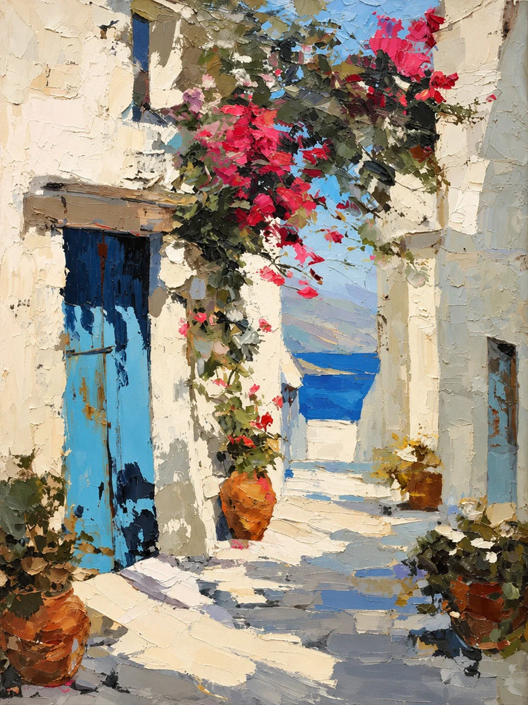 Coastal Passage: cream walls, blue doors, pink flowers and terracotta pots along a walkway toward the sea.