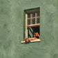 Vertical artwork of a reader holding an orange book at an open window against a sage green wall.