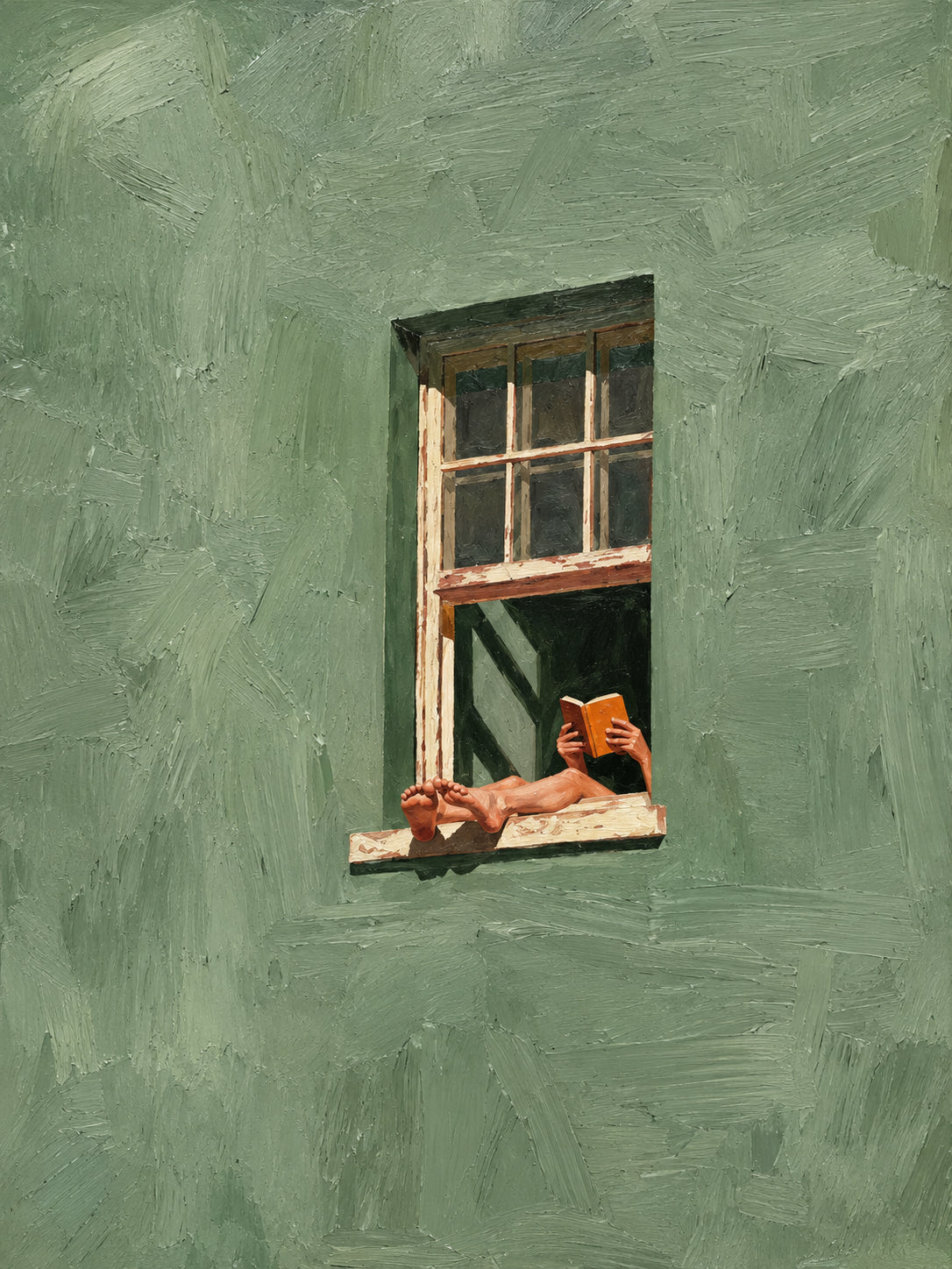Vertical artwork of a reader holding an orange book at an open window against a sage green wall.