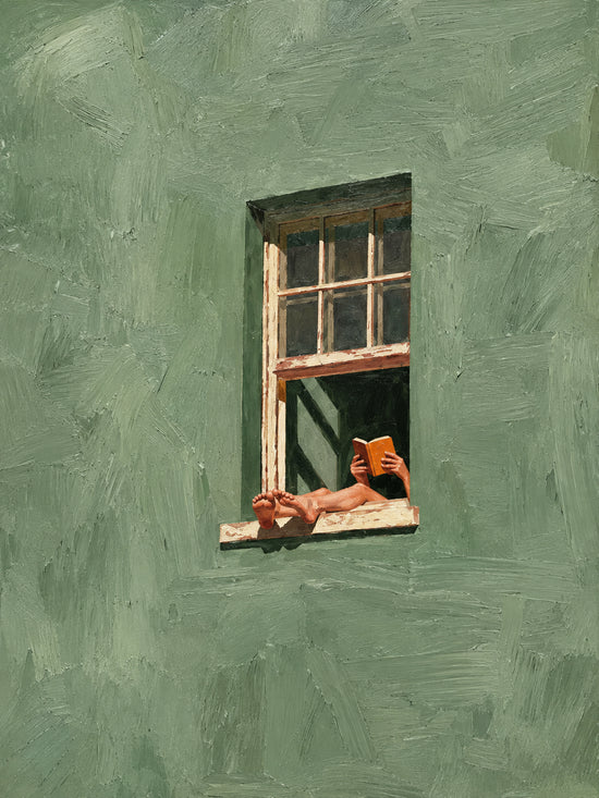 Vertical artwork of a reader holding an orange book at an open window against a sage green wall.