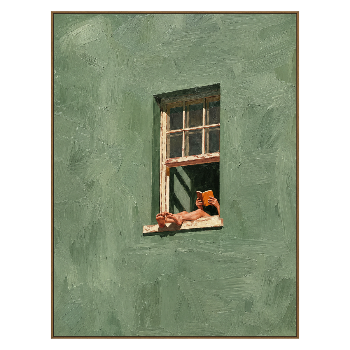 Sage Window Reader vertical artwork in a natural wood frame on a transparent background.