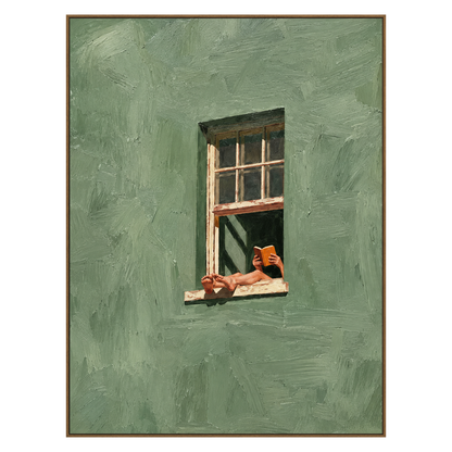 Sage Window Reader vertical artwork in a natural wood frame on a transparent background.