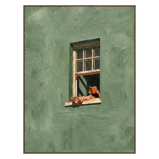 Sage Window Reader vertical artwork in a natural wood frame on a transparent background.