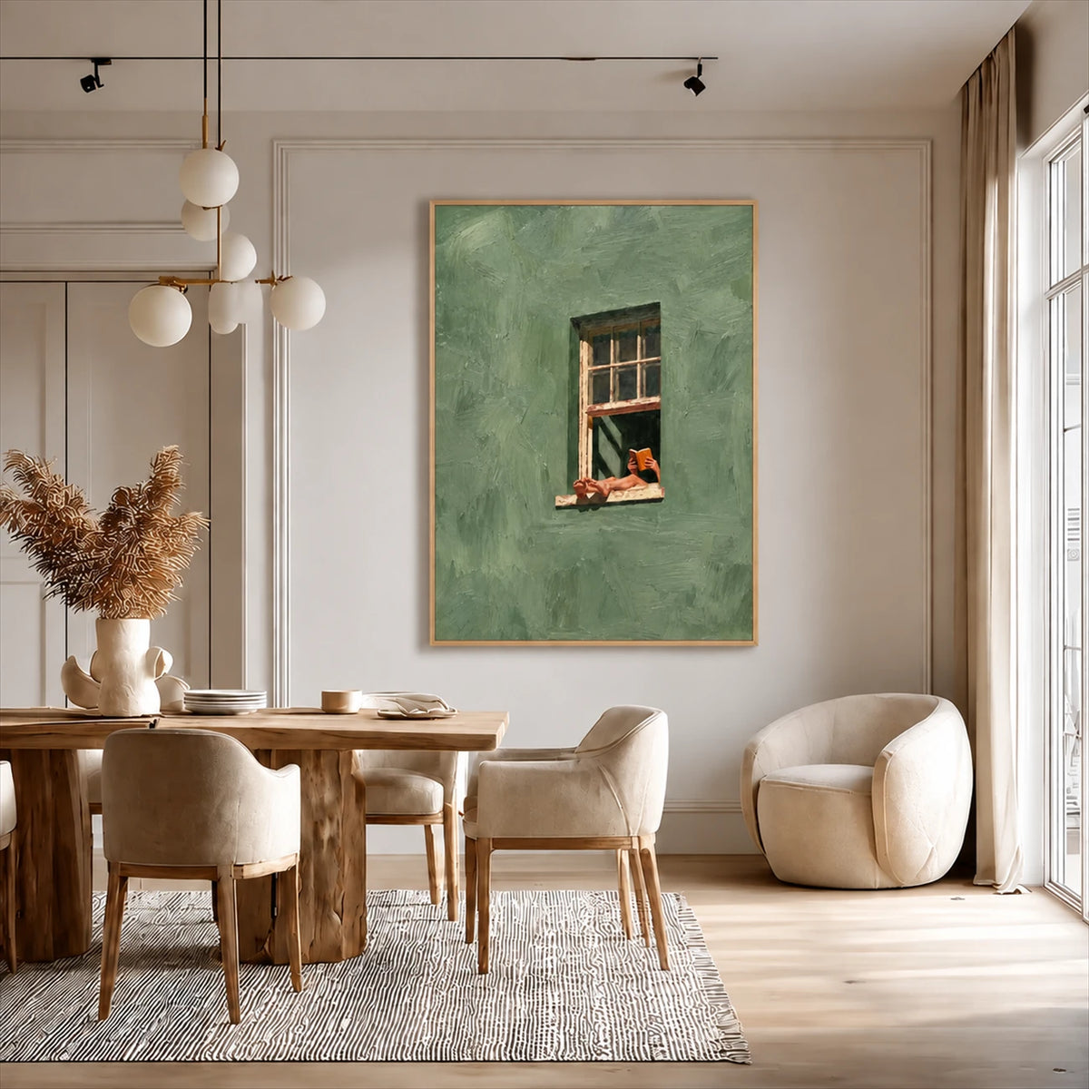 Sage green reading-themed wall art displayed above a dining area in a neutral interior.