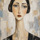 Textured portrait of a woman with dark hair, blue-gray eyes and rust-colored lips against a beige patchwork background.