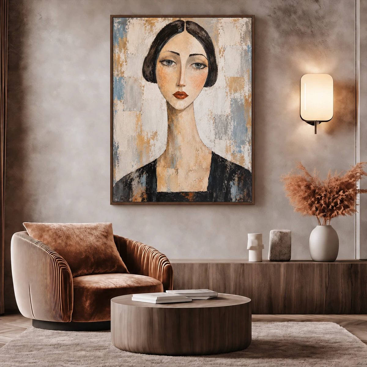 Framed portrait of a woman above a wood cabinet beside a brown armchair in a softly lit living room.