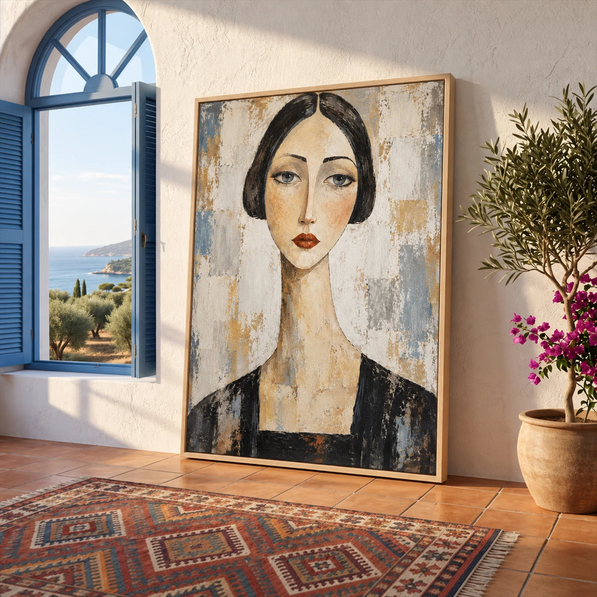 Large portrait of a woman leaning against a wall beside a blue arched window and patterned rug.
