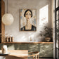 Portrait of a woman displayed above a sideboard in a sunlit dining room with a round pendant light.