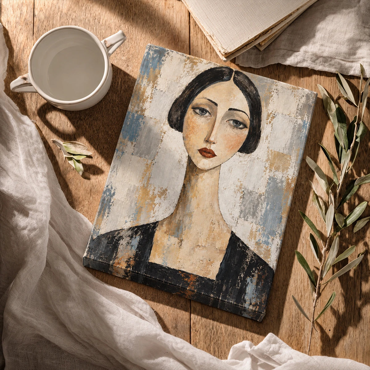 Small portrait canvas resting on a wood table beside a cup and draped fabric.