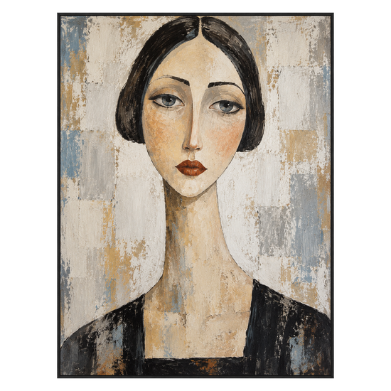 Quiet Gaze vertical artwork in a black frame on a transparent background.