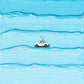 A white car with a surfer on its roof crosses broad turquoise-blue wave-like brushstrokes in a square composition.