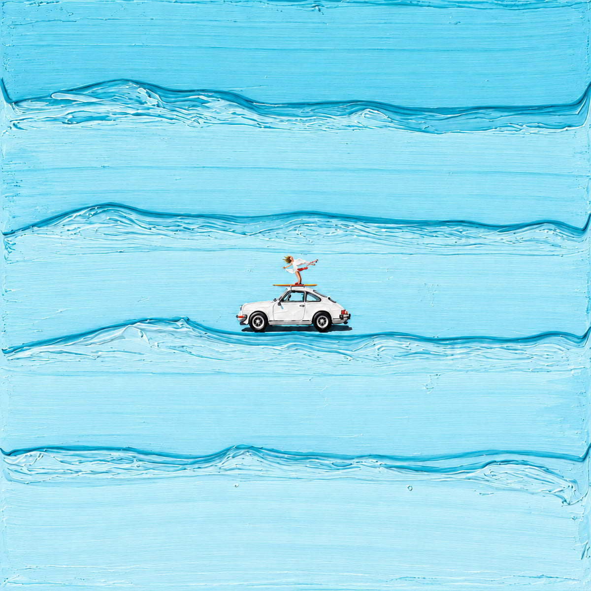 A white car with a surfer on its roof crosses broad turquoise-blue wave-like brushstrokes in a square composition.