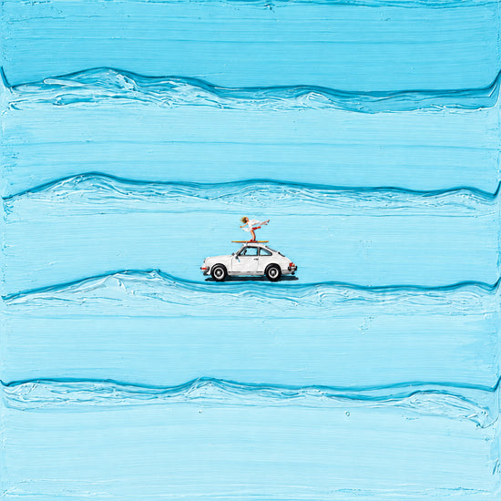 A white car with a surfer on its roof crosses broad turquoise-blue wave-like brushstrokes in a square composition.