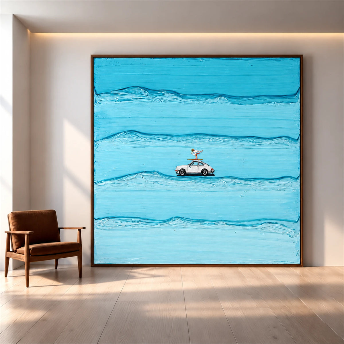 Large blue car and surfer artwork on a softly lit wall beside a brown armchair.
