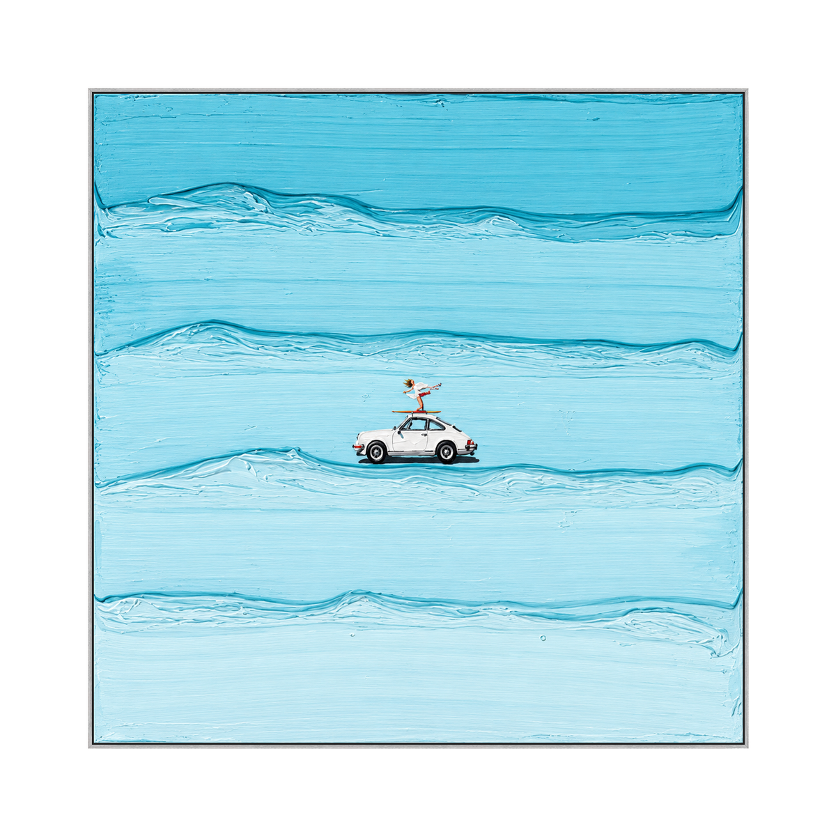 Blue Surf Escape square artwork in a silver frame on a transparent background.