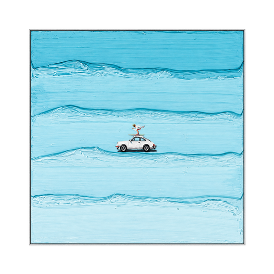 Blue Surf Escape square artwork in a silver frame on a transparent background.