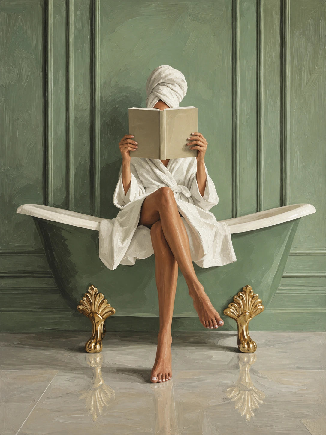 Full artwork of a woman in a white robe reading in a green clawfoot bathtub with gold feet against sage-green paneling.