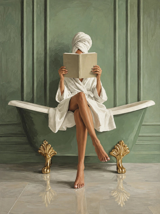 Full artwork of a woman in a white robe reading in a green clawfoot bathtub with gold feet against sage-green paneling.