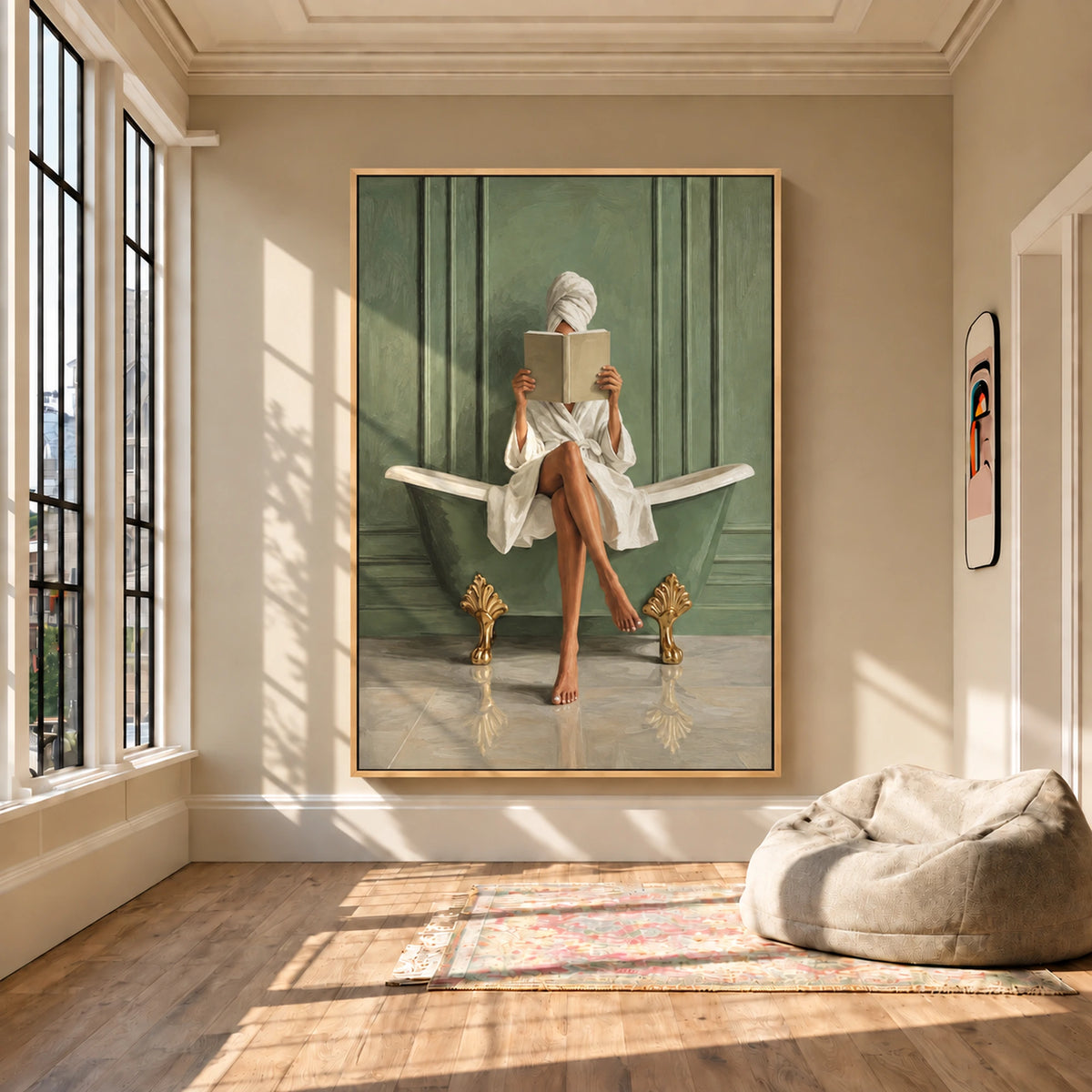 Bath reader painting in a light gold frame beside tall windows in a warm, sunlit room.