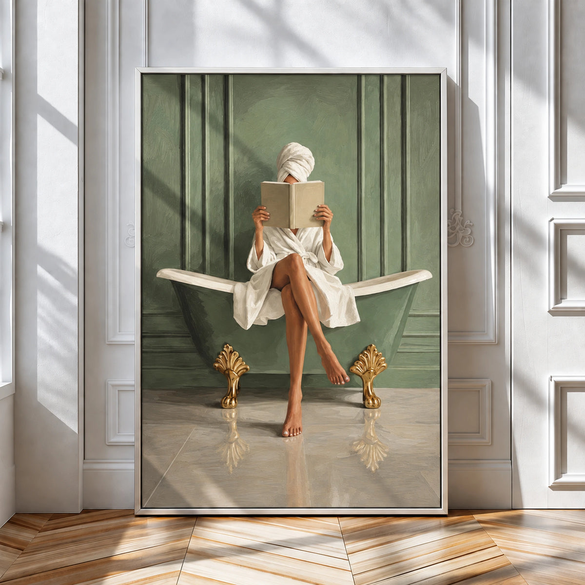 Bath reader painting in a white frame leaning against white decorative wall panels.