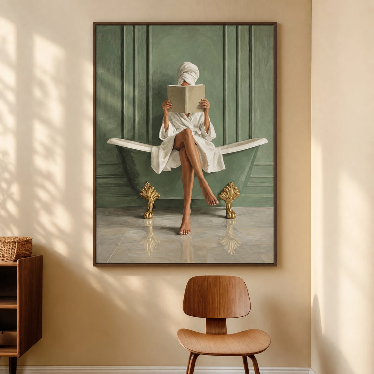 Bath reader painting in a dark brown wood frame above a wood chair in warm sunlight.