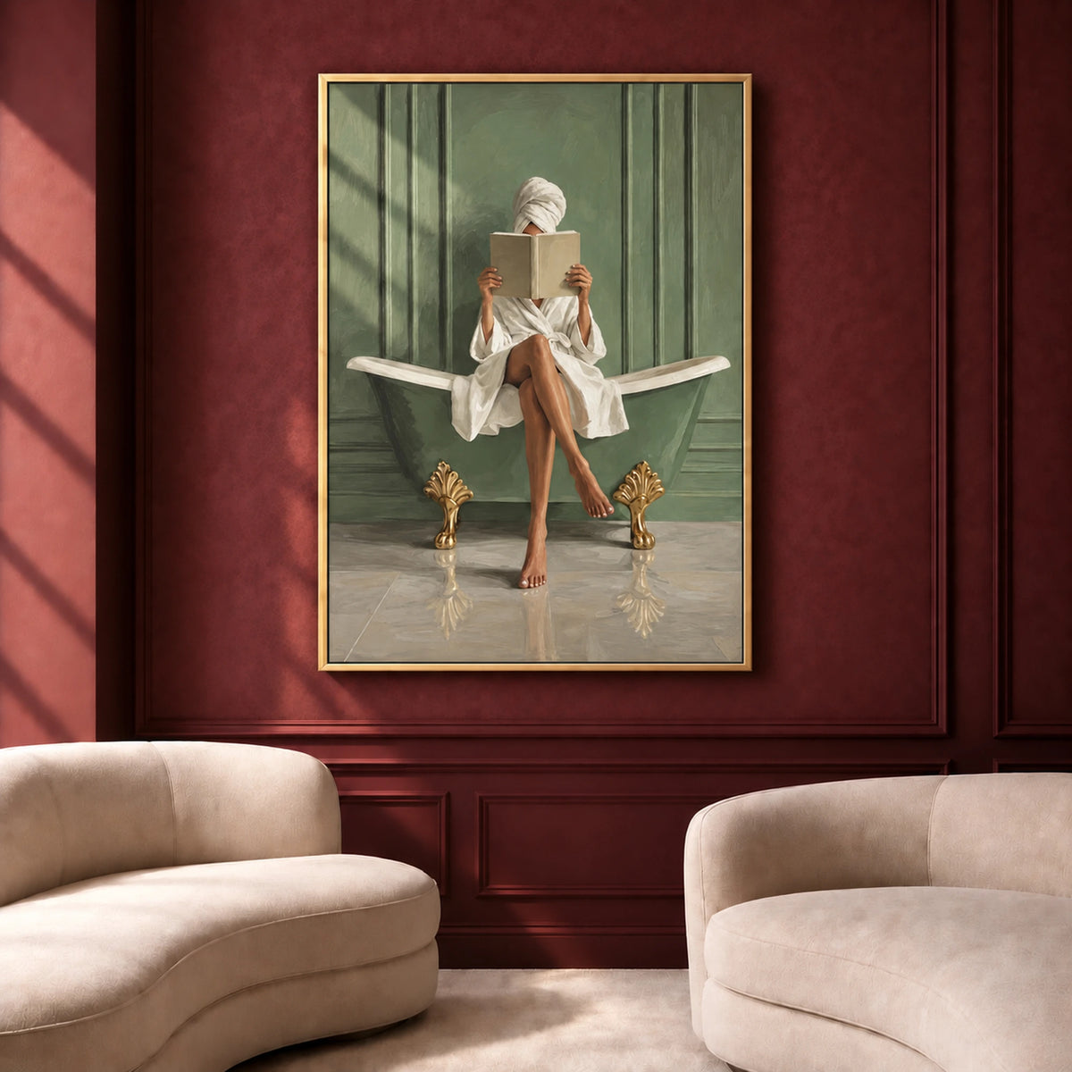 Bath reader painting in a gold frame on a deep red wall above cream-colored lounge chairs.