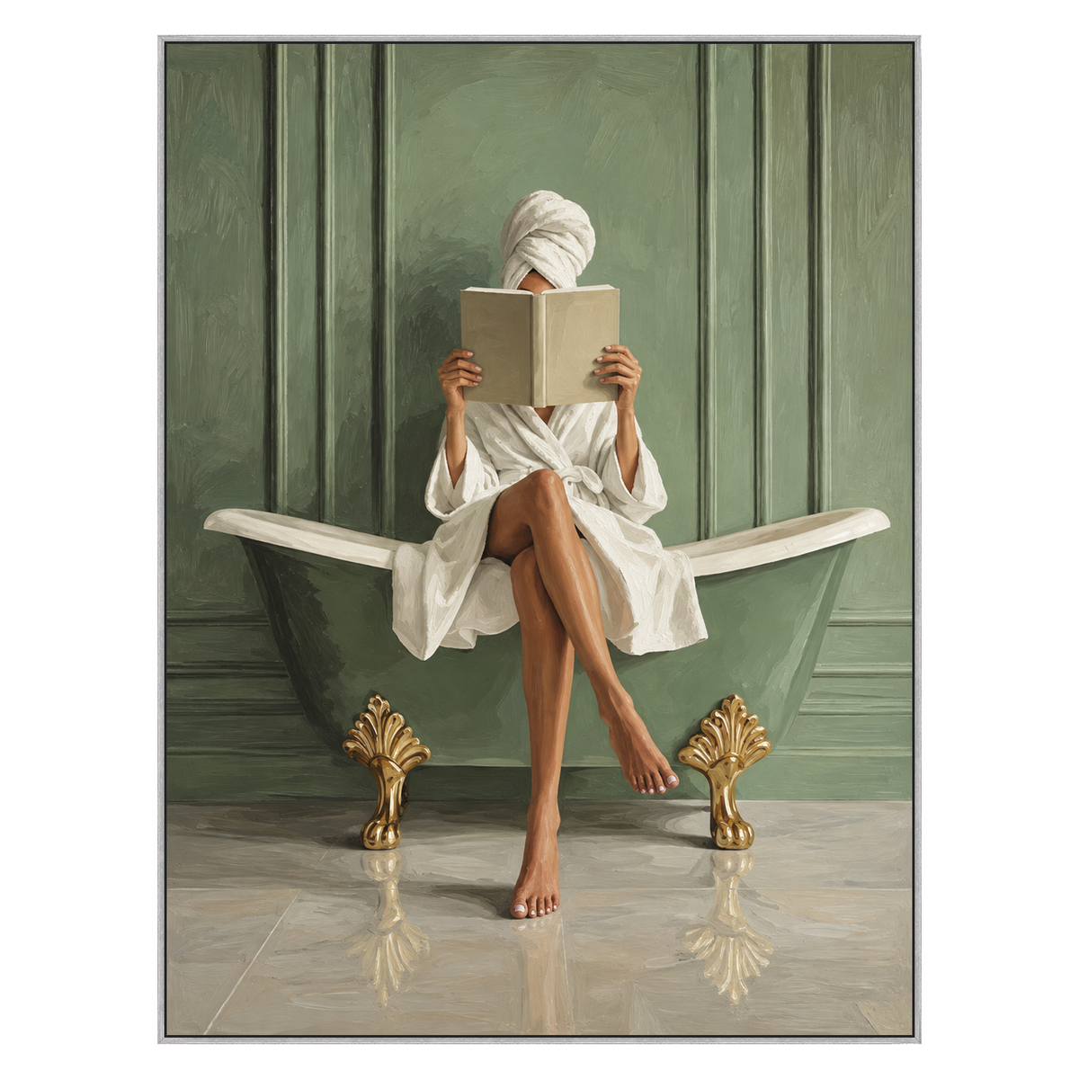 Sage Bath Reader vertical artwork in a silver frame on a transparent background.