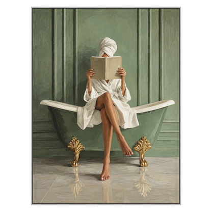 Sage Bath Reader vertical artwork in a silver frame on a transparent background.