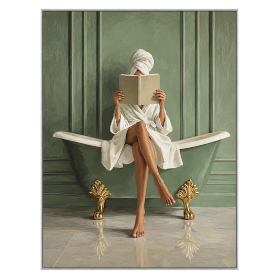 Sage Bath Reader vertical artwork in a silver frame on a transparent background.