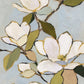 Full artwork of creamy white magnolia blossoms, olive leaves and dark branches against a pale blue-gray background.