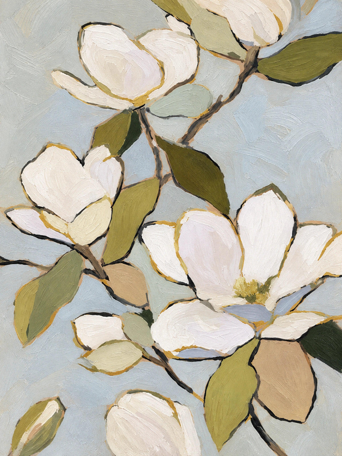 Full artwork of creamy white magnolia blossoms, olive leaves and dark branches against a pale blue-gray background.