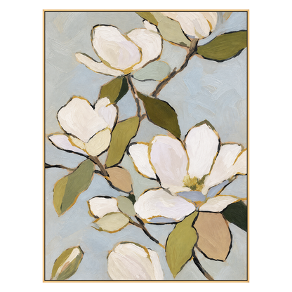 Soft Magnolia Bloom vertical artwork in a gold frame on a transparent background.