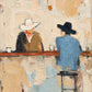 Full artwork of two cowboys in white and dark hats at a rust-colored bar, with textured cream, peach and blue brushwork.