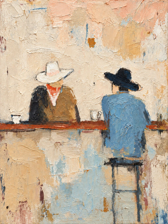 Full artwork of two cowboys in white and dark hats at a rust-colored bar, with textured cream, peach and blue brushwork.