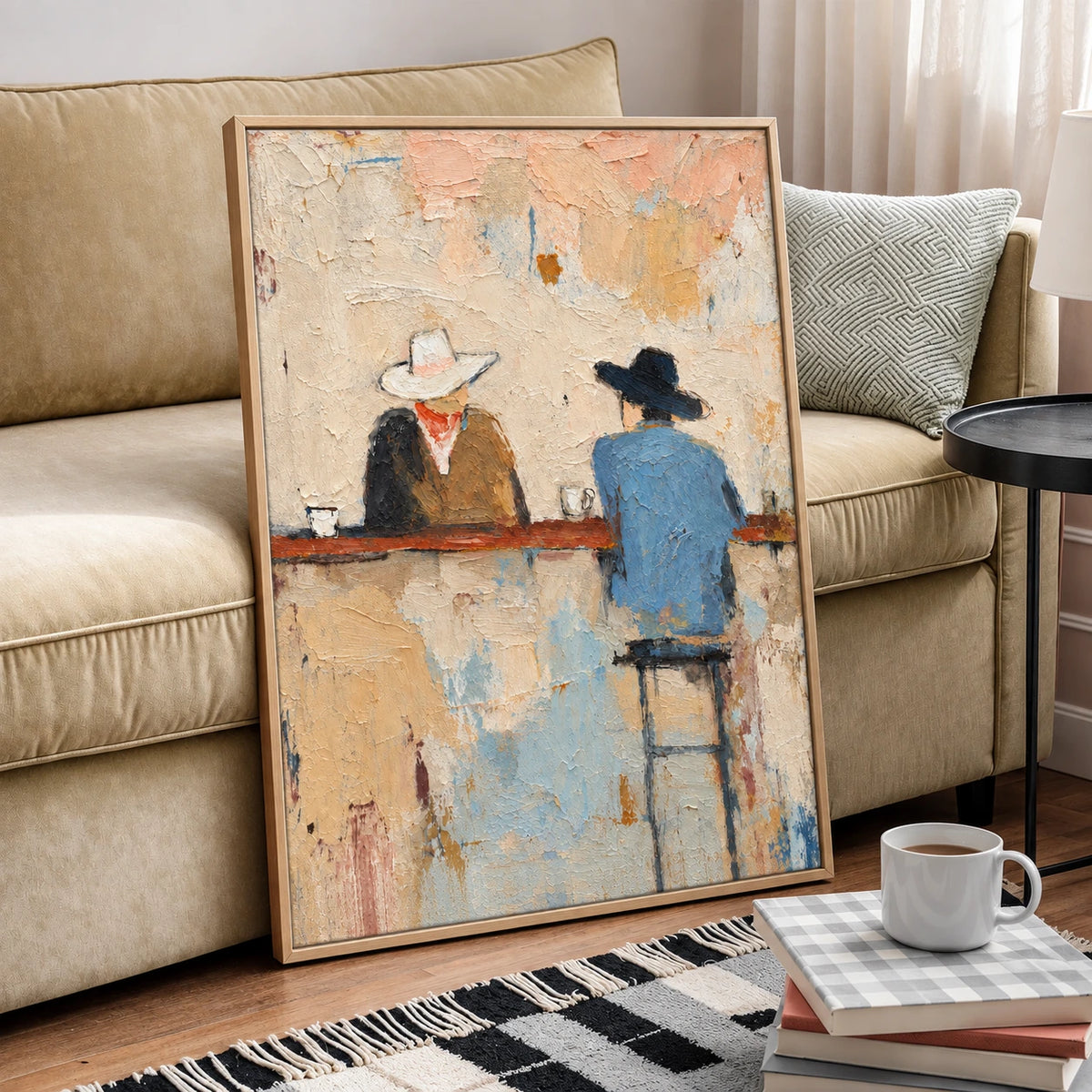 Western cowboy painting in a light wood frame leaning beside a neutral sofa and a coffee table.