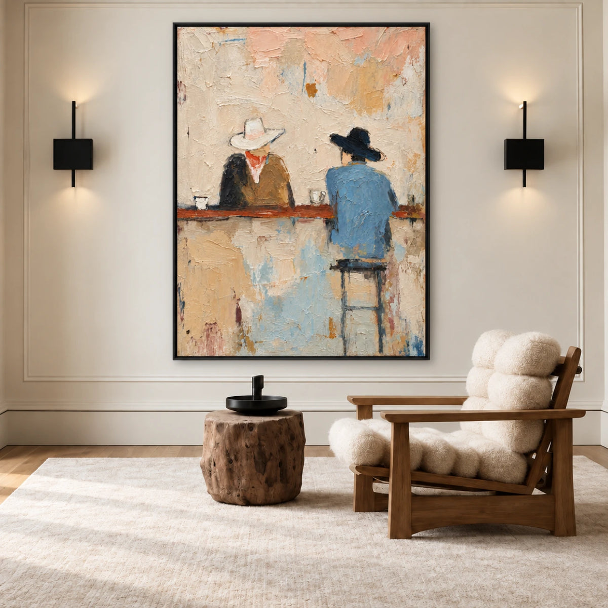 Cowboy bar painting in a black frame between wall sconces above a wood lounge chair.