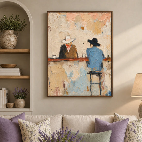 Cowboy bar painting above a neutral sofa with lavender cushions beside recessed shelves.