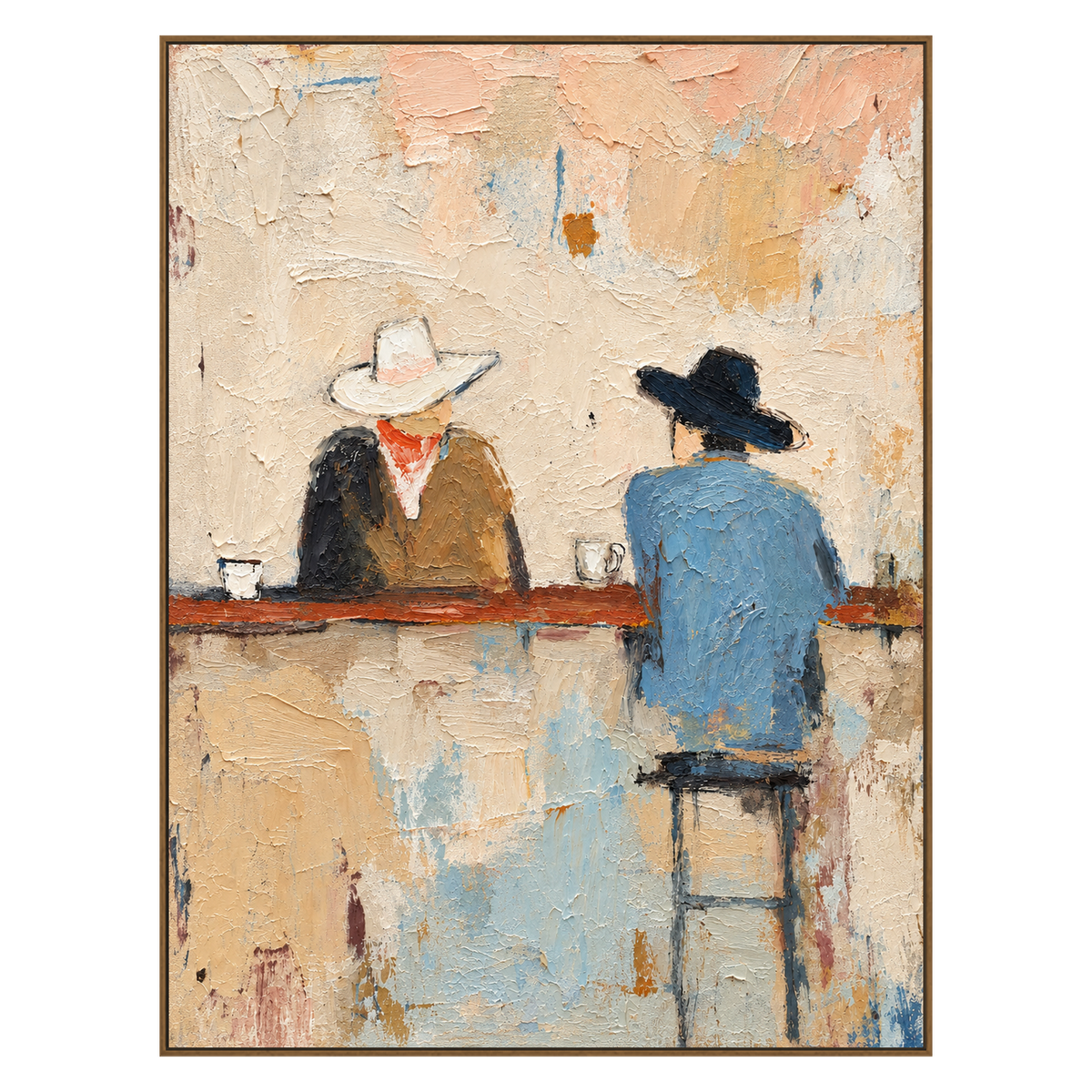 Saloon Pause vertical artwork in a natural wood frame on a transparent background.