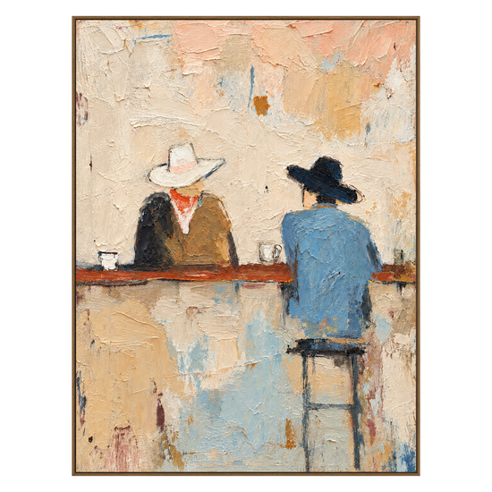 Saloon Pause vertical artwork in a natural wood frame on a transparent background.