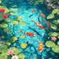 Full artwork of orange-and-white koi swimming in turquoise water among lily pads, pink water lilies and rocks.