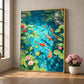 Gold-framed koi pond painting leaning beside a sunlit window and a pot of pink flowers.