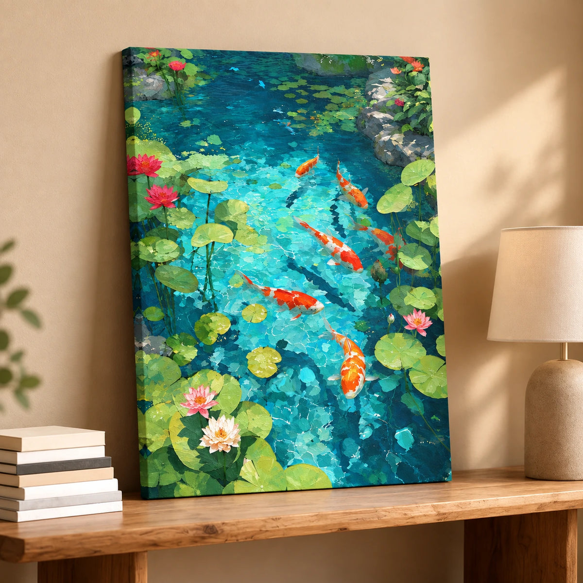 Unframed koi pond canvas resting on a wood console beside books and a table lamp.